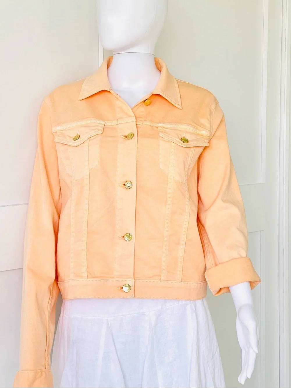 MICHAEL KORS Denim Jacket Gold Button Patch Pocket Pointed Collar Stretch